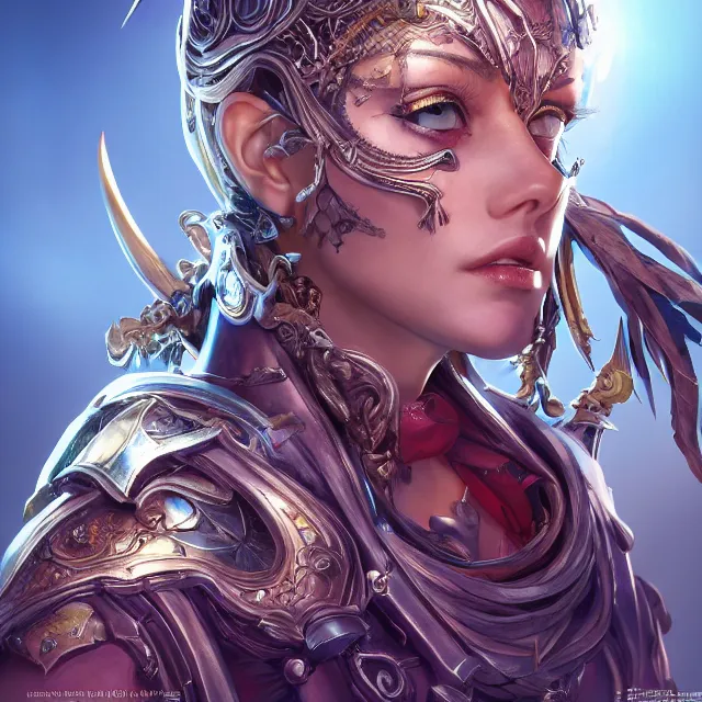 Image similar to studio portrait of lawful good colorful female holy mech paladin as absurdly beautiful, elegant, young woman, eye gear, ultrafine hyperrealistic detailed face illustration by kim jung gi, irakli nadar, intricate linework, sharp focus, bright colors, matte, octopath traveler, final fantasy, unreal engine highly rendered, global illumination, radiant light, intricate environment