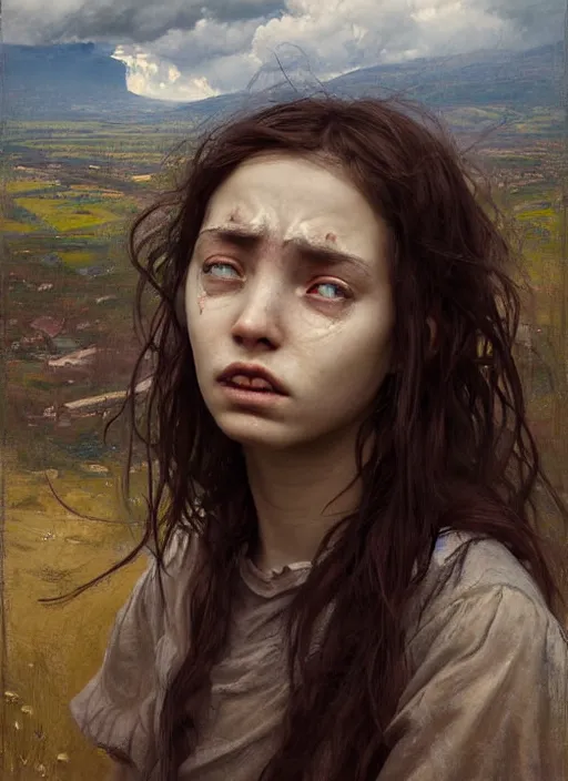 Image similar to portrait of very sad vilage girl, pain, cry, suffering, countryside, fantasy character portrait, dynamic pose, above view, view from above, sunny day, thunder clouds in the sky, artwork by Jeremy Lipkin and Giuseppe Dangelico Pino and Michael Garmash and rob rey, very coherent symmetrical artwork, perfect face, simple form, 100mm