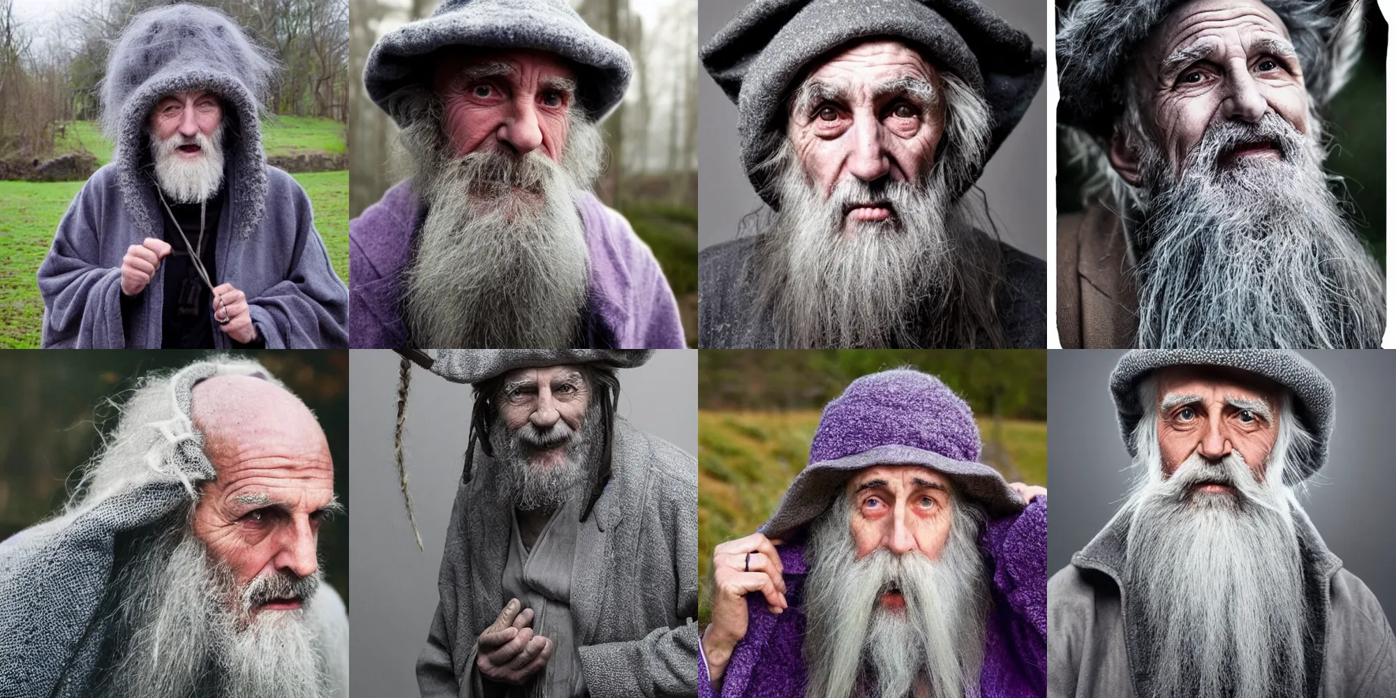 Prompt: A crazy old druid wizard, bald, bushy grey eyebrows, long grey hair, disheveled, wise old man, wearing a grey wizard hat, wearing a purple detailed coat