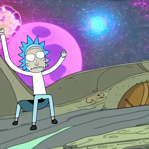 Image similar to screenshot rick and morty flying in their regular ufo in deep space, the death star explodes on background