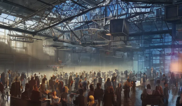 Image similar to group of people in simple warehouse, watching hologram of futuristic city on a table, cinematic concept art, godrays, golden hour, natural sunlight, 4 k, clear details, tabletop model buildings, center model buildings, hologram center, crane shot, crane shot, crane shot