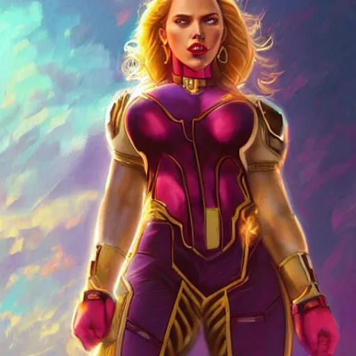 Image similar to scarlett johansson as thanos, feminine beautiful muscular fitness model wearing armor, red lips, attractive, highly detailed full body portrait, pretty face, elegant, breathtaking art, concept art, by artgerm and ilya kuvshinov