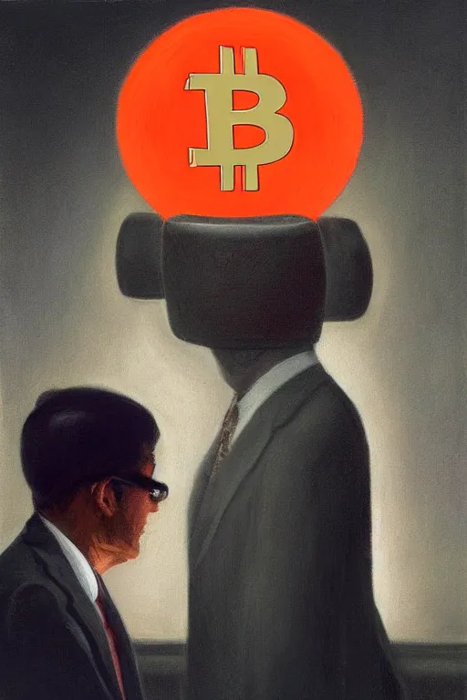 Image similar to sathoshi nakamoto wearing oculus and bitcoin over his head edward hopper and james gilleard, zdzislaw beksisnski, higly detailed