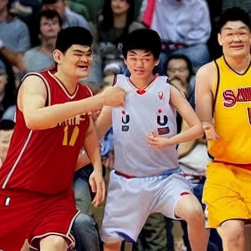 Image similar to yaoming is taking up earth as a basketball
