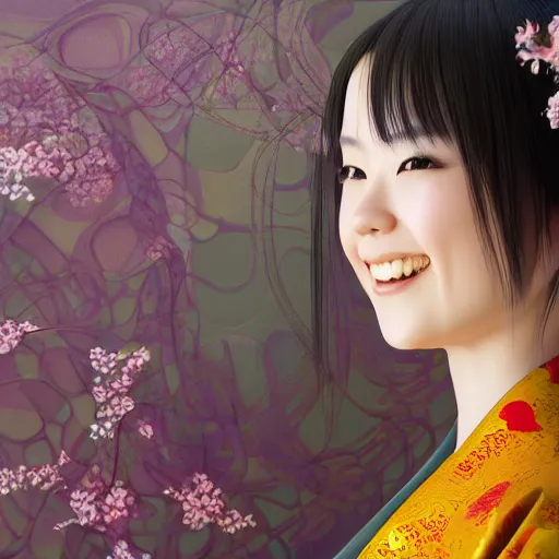 Image similar to centered portrait of a smiling 3D beautiful Japanese girl in kimono, hyperdetailed, digital painting, trending on Artstation, cel-shading style, CG society, hyperdetailed, digital painting, hypermaximalist, golden ratio, volumetric, octane render, weta digital, micro details, 3d sculpture