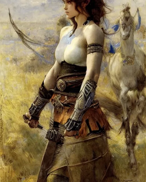 Prompt: a beautiful and strong female warrior by Edgar Maxence, Ross Tran and Jules Bastien-Lepage and Laura Sava