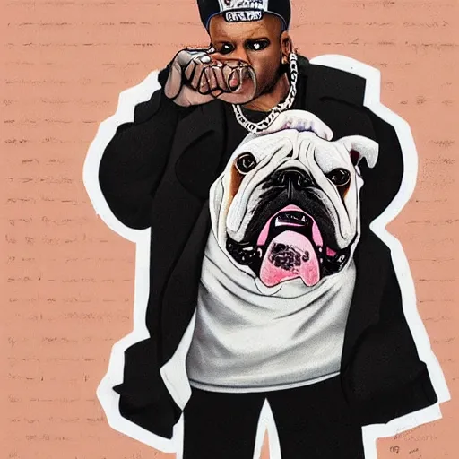 Image similar to a hyperrealistic portrait of an english bulldog as a gangster wearing hip hop clothes, streetwear, divorced