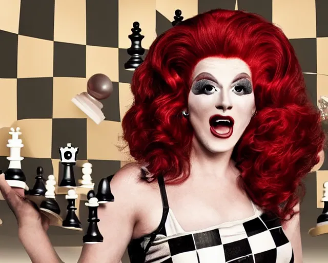 Image similar to red hair drag queen playing chess, netflix show poster