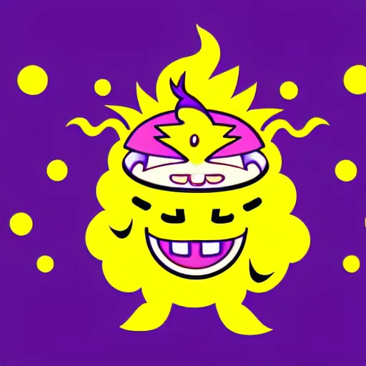 Image similar to kawaii wacky fluffy popcorn with lightning bolt power, with golden helmet, yokai, in the style of a mamashiba, with a yellow beak, with a toroidal energy field, with a smiling face and flames for hair, sitting on a lotus flower, white background, simple, clean composition, symmetrical, suitable for use as a logo