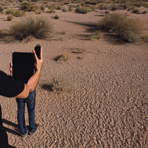 Prompt: A man taking a selfie in the desert