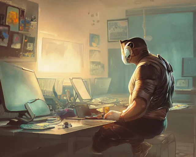 Image similar to an insanely detailed painting of a slightly chubby, nerdy asian man wearing a superhero costume and mask, sitting at a desk, staring at the nervously at the computer and typing, in the style of peter mohrbacher, dramatic lighting and composition, octane render, trending on artstation, concept art, comic book, view from behind