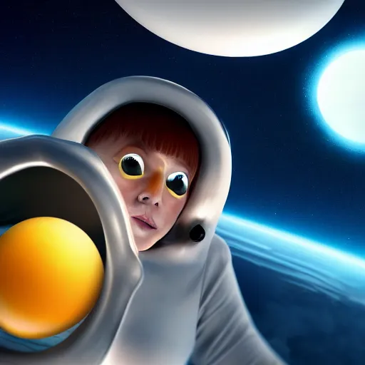 Image similar to digital art, trending on artstation, a person with a fried egg face traveling in a spaceship, cinematic, motion blur