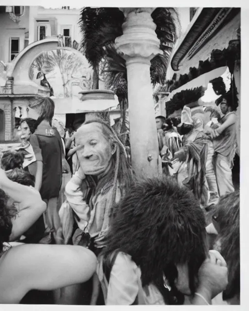 Prompt: Award winning reportage photo of Monegasque Natives with incredible hair wearing traditional garb by Garry Winogrand and Dian Arbus, 85mm ND 5, perfect lighting, gelatin silver process