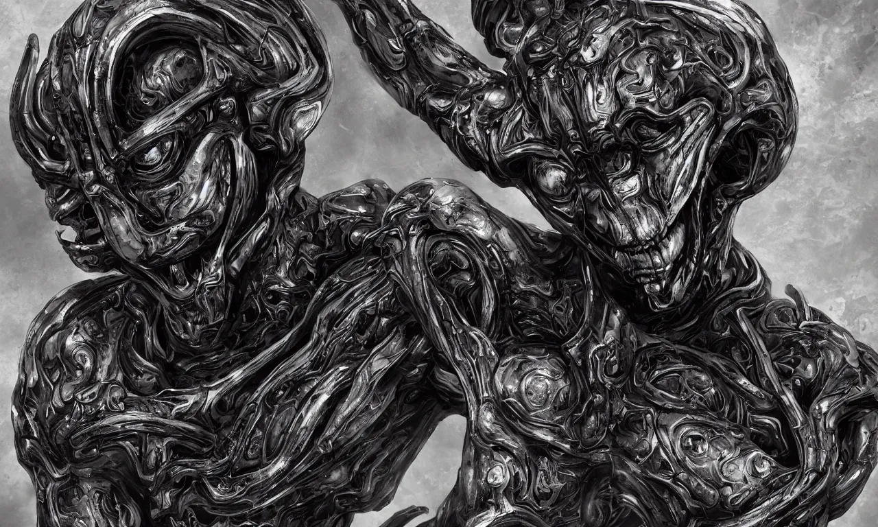 Image similar to engineer prometheus face by Artgerm, xenomorph alien, highly detailed, symmetrical long head, smooth marble surfaces, detailed ink illustration, raiden metal gear, cinematic smooth stone, deep aesthetic, concept art, post process, 4k, carved marble texture and silk cloth, latex skin, highly ornate intricate details, prometheus, evil, moody lighting, hr geiger, hayao miyazaki, indsutrial Steampunk