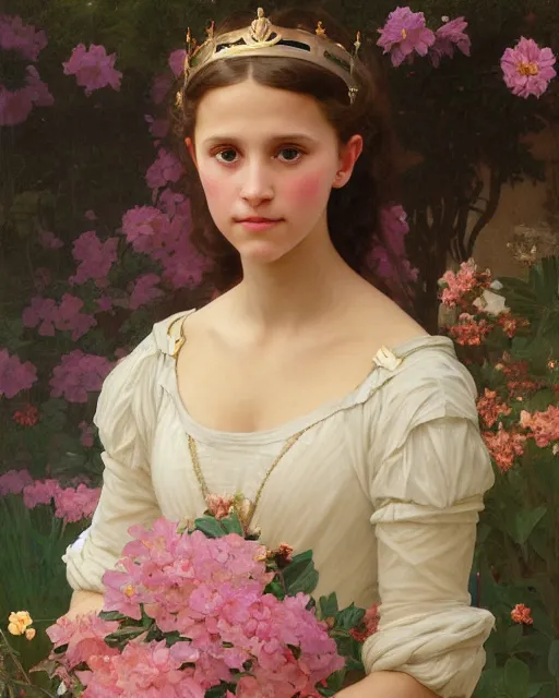 Prompt: a portrait painting of a shy, blushing 1 6 - year old alicia vikander or millie bobby brown as a princess in her flower garden with lanterns, intricate, elegant, highly detailed, artstation, concept art, by krenz cushart and donato giancola and william adolph bouguereau and alphonse mucha