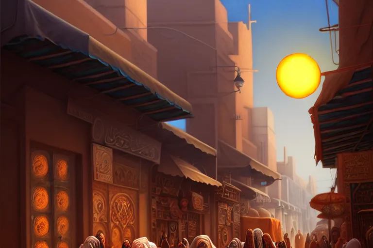 Image similar to a highly detailed crowded bazaar street in the desert city of tyr from the land of athas, amazing dark sun digital painting, by gerald brom, brom digital art, concept art, intricate details, ultra realistic, beautiful art, volumetric lighting, a blazing corona around the dark sun, by brom, trending cgsociety, artstation, rim lighting, 8 k