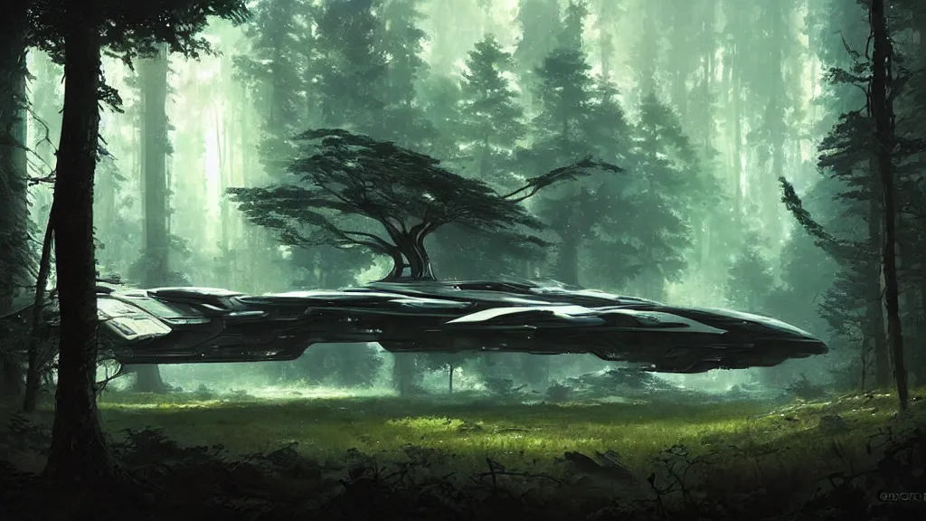 Image similar to a spaceship lost in the forest, detailed digital art by greg rutkowski.