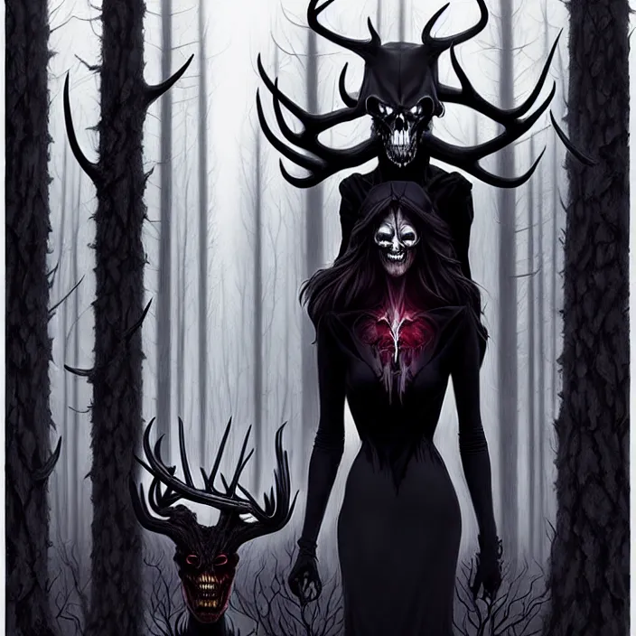 Image similar to style artgerm, joshua middleton, diego fazio, gerald brom : : scary wendigo with antlers and skull face mixed with werewolf : : [ beautiful witch wearing a black dress, symmetrical face, on the right side ] : : in the forest, detailed, dark and foggy, cinematic lighting