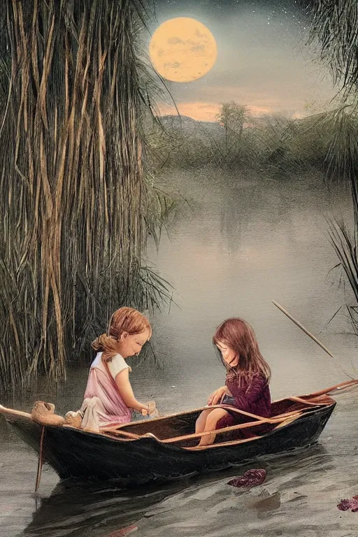 Prompt: a little girl and her puppy sit in a small bamboo boat in a lake, with renaissance ambiance, moonlit night dreamy atmosphere, artstation, 8K