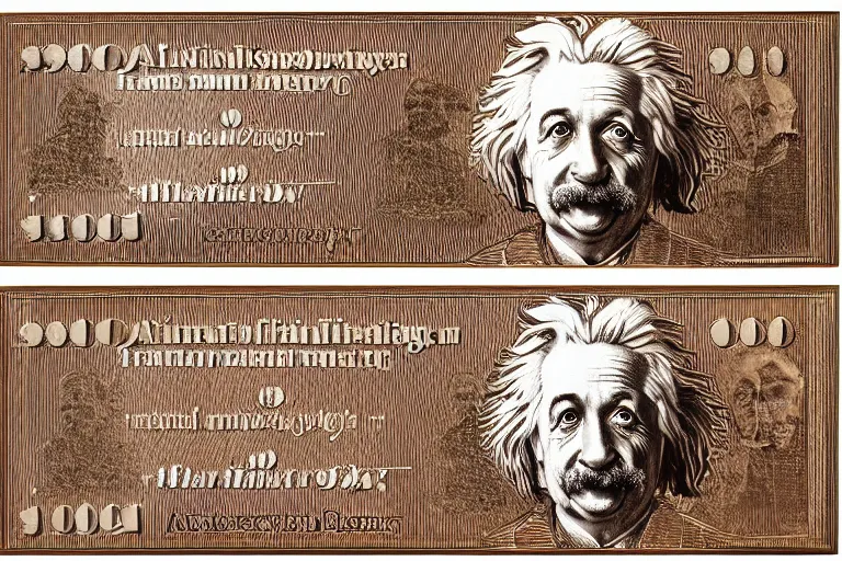 Image similar to an engraved portrait of albert einstein, detailed!!! copper - plate engraving in the style of money bills, fine!!! lines, engraved by alfred sealey, bureau of engraving and printing