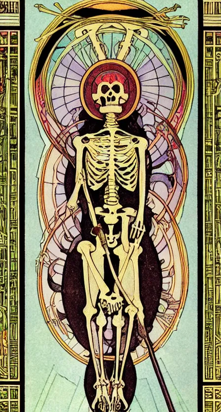 Image similar to a tarot card of a skeleton with a scythe, illustrated in an art deco style by tamara de lempika and an elegant border by alphonse mucha.