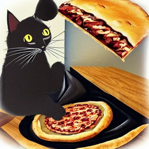 Prompt: “a black cat putting pizza in a pizza oven”