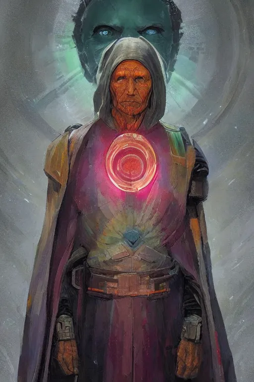 Prompt: symmetry!! a full body sci-fi portrait, oil painting, illustration of an old Jedi, colourful, by Justin Sweet and Greg Rutkowski and Alphones Much