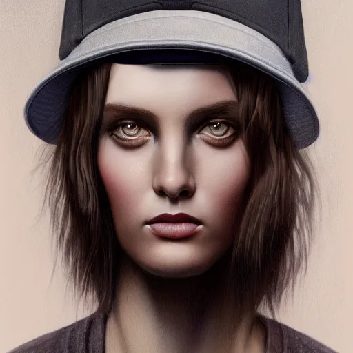 Prompt: tom bagshaw portrait, beautiful portrait of a woman with angel eyes in a suit, hair under a baseball cap, professionally retouched, focus eyes, ultra realistic soft painting, insanely detailed linework, symmetrical accurate intricate features, behance, 8 k