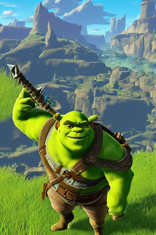 Image similar to an in game portrait of shrek from the legend of zelda breath of the wild, breath of the wild art style.