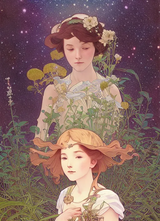 Image similar to a girl staring at the stars in her backyard, path traced, highly detailed, high quality, digital painting, by studio ghibli and alphonse mucha, leesha hannigan, hidari, art nouveau, chiho aoshima, posuka demizu