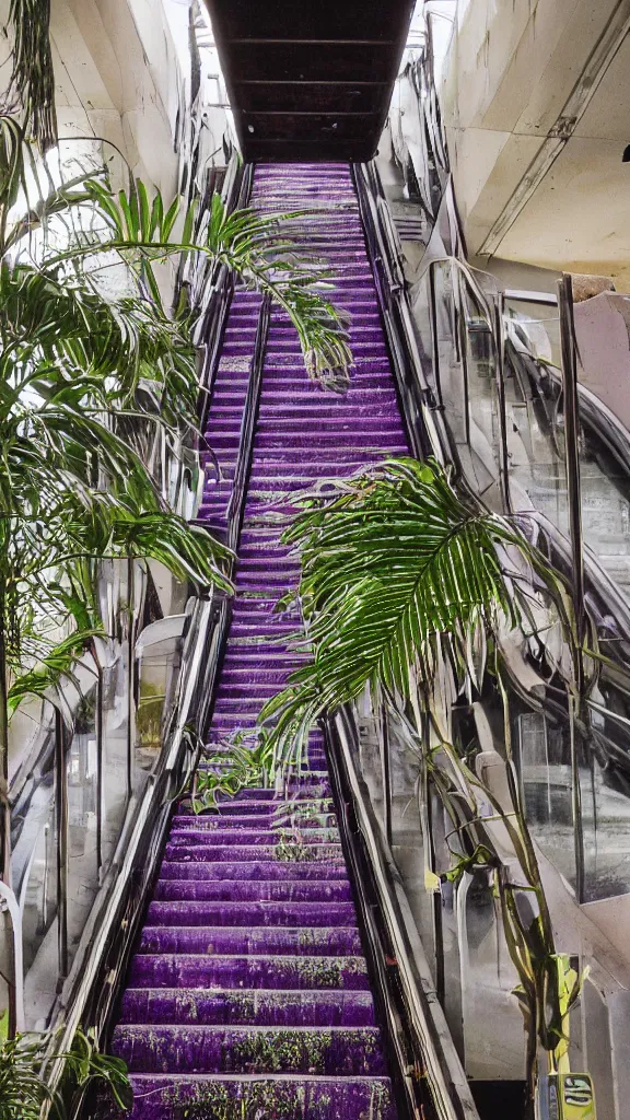 Image similar to 1980s color magazine photo of an escalator in a decaying abandoned mall, with interior potted palm trees, dappled sunlight, cool purple color palette