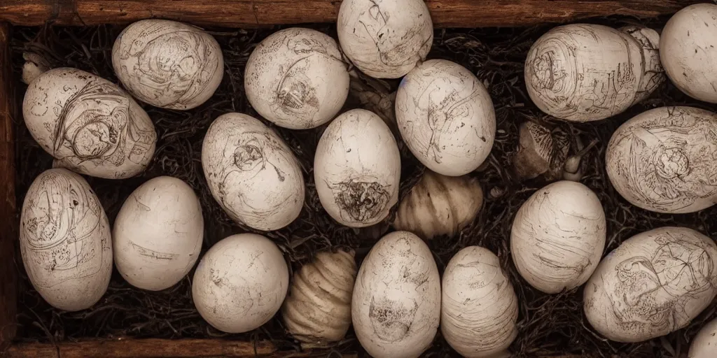 Image similar to a large old wooden cabinet full of extremely detailed scary alien eggs, burning candels in front, beautifull low light