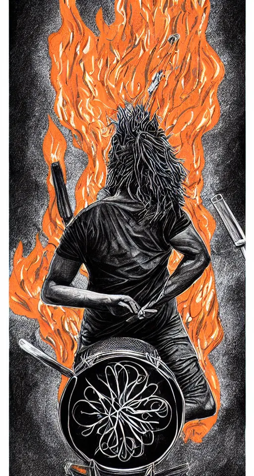 Image similar to Beautiful illustration for a print depicted a back view of a heavy metal drummer playing on drums::lava and fire around::behance and deviant art illustrations