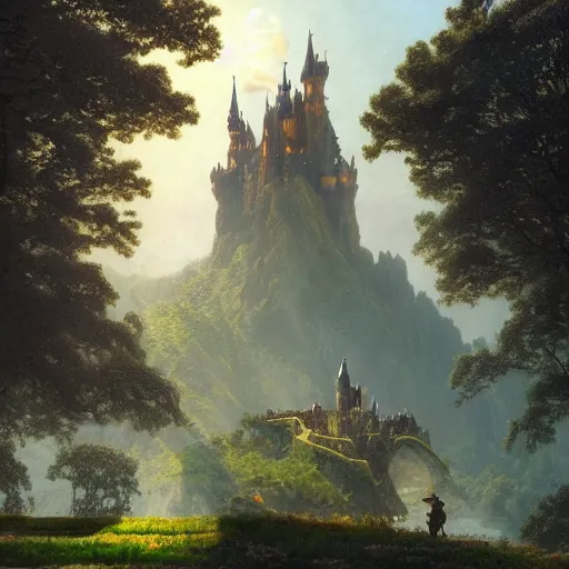 Prompt: beautiful matte art of a big castle in a serene landscape, a knight riding a dragon, by albert bierstadt, green grass, highly detailed, crystal lighting, mystical, forest, hyperrealistic, 4 k, unreal engine, magical, by joe fenton, by greg rutkowski, by greg tocchini, by kaws, by kate beaton, by kaethe butcher