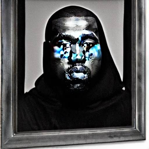 Image similar to a chiaroscuro lighting portrait of kanye west dressed as rick owens, black background, portrait by julia margaret cameron, shallow depth of field, 8 0 mm, f 1. 8