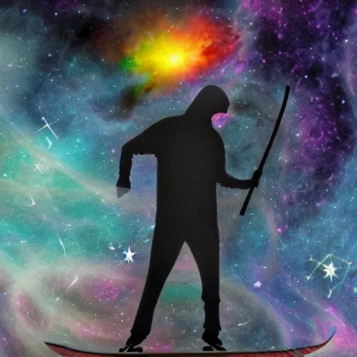 Image similar to the grim reaper holding a scythe doing skateboard tricks through a nebula, detailed, featured