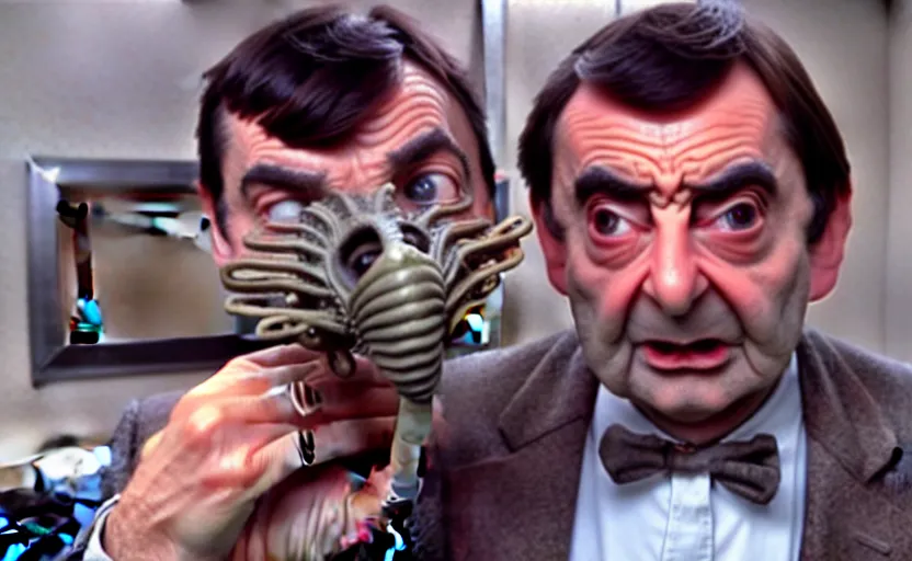 Prompt: alien facehugger mr bean vfx film