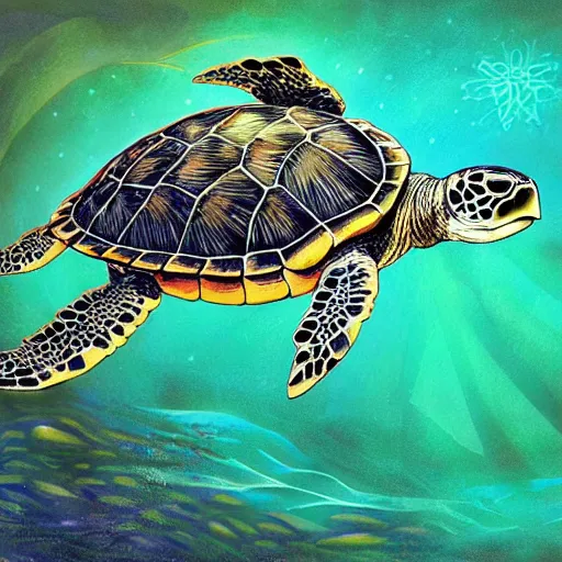 Prompt: sea turtle with intricate patterned luminescent shell in the style of android jones detailed 4 k painting