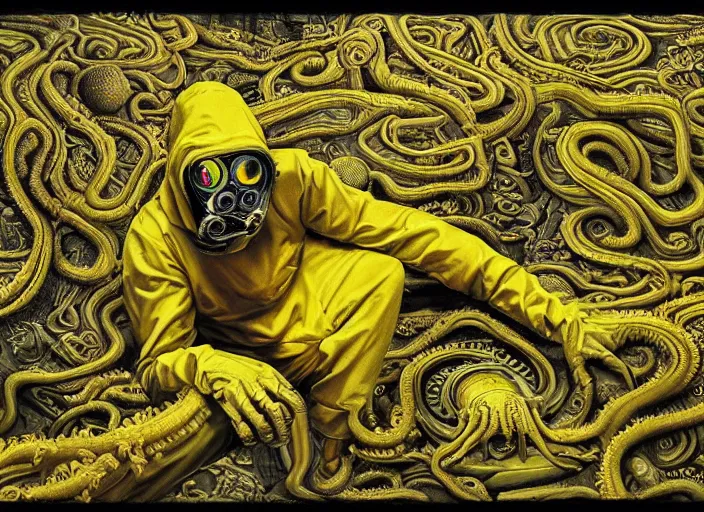 Image similar to a man in a yellow hazmat suit being eaten by a highly detailed Cthulhu Eldritch demon with many eyes and tentacles in an underground brutalist bunker, highly realistic, highly detailed, intricate, cinematic, wide angle, grime, symmetrical and centered, front facing camera, epic lighting, Unreal engine render in 8k by Zdzslaw Beksinski and Wayne Barlowe