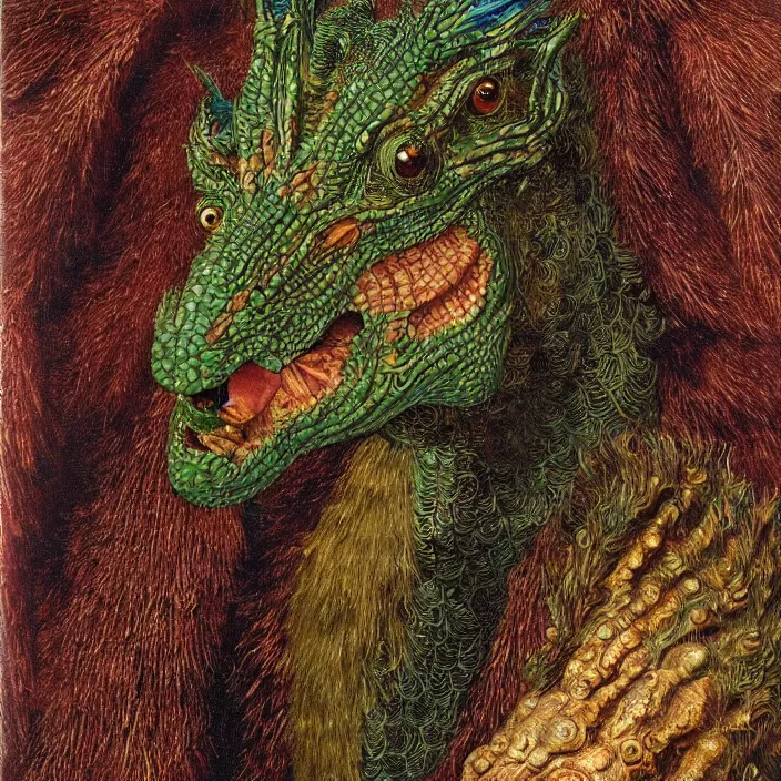 Image similar to close up portrait of an mutant monster creature with proud, reptilian allure, iridescent scales, dovish feathers, diaphanous fungic protuberances. jan van eyck