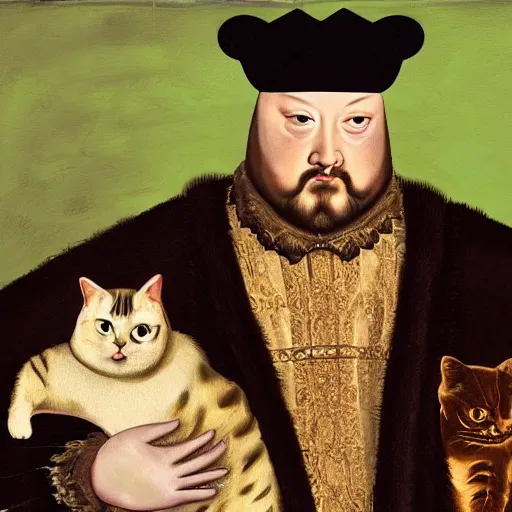 Prompt: portrait of Henry the VIII but I’m a cyberpunk future holding two plump cats, photorealistic, painting, detailed