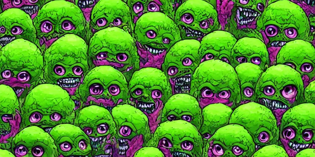 Prompt: an army of cute different green tennis ball monsters, colorful, digital art, fantasy, magic, chalk, trending on artstation, ultra detailed, detailed, fine details, professional illustration by basil gogos