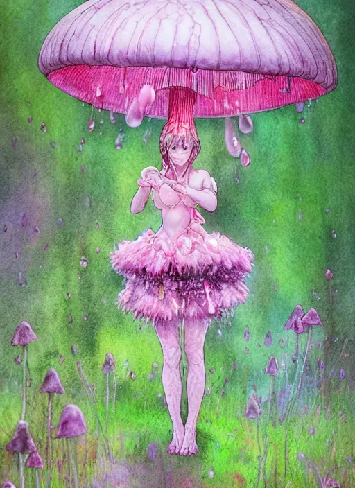 Image similar to A pixy princess with a tattered pink tutu, mushroom umbrella, moss, dewdrops, watercolor, dramatic lighting, cinematic, establishing shot, extremely high detail, foto realistic, cinematic lighting, pen and ink, intricate line drawings, by Yoshitaka Amano, Ruan Jia, Kentaro Miura, Artgerm, post processed, concept art, artstation, matte painting, style by eddie mendoza, raphael lacoste, alex ross,