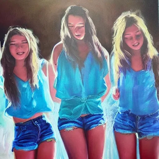 Prompt: “springbreak party, 3 teenage girls, blue tones, hyper realistic oil painting”