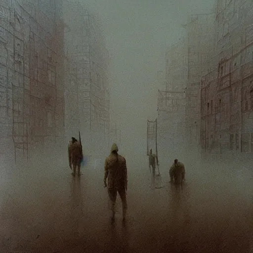 Image similar to sebilj in post - apocalyptic sarajevo, smoke and ash, painting by beksinski