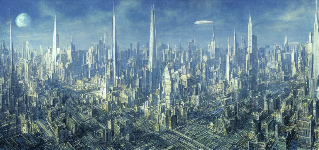 Image similar to A futuristic landscape of New York City with domes and very tall buildings in the year 2050 by Alan Lee