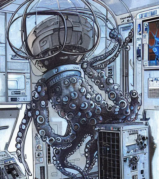 Prompt: a cybernetic realistic octopus in a space station, techwear, Industrial Scifi, detailed illustration, character portrait, by Martin Grip Banksy and Moebius