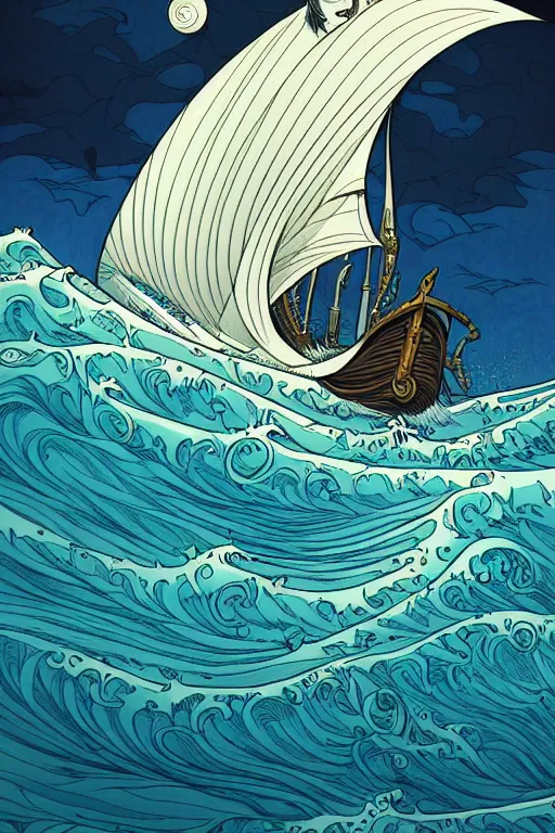 Prompt: comic cover art of a pirate sloop, waves crashing, high fantasy digital illustration, by jenny frison and sana takeda, intricate details, stunning inking lines, flat colors, 4 k, hd, artstation