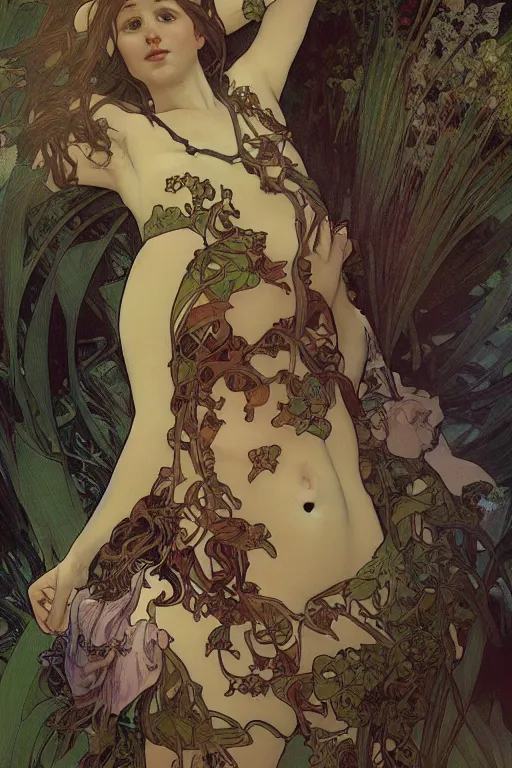 Image similar to summer swimming party, dark fantasy, body horror, composition by alphonse mucha, octane render