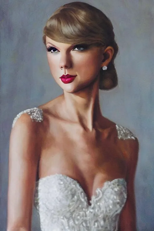 Image similar to waist - up - portrait!!!!!!!!!!!! of taylor swift in a beautiful wedding dress, focus on face and facial details. ( ( ( ( ( ( head - shot ) ) ) ) ) )